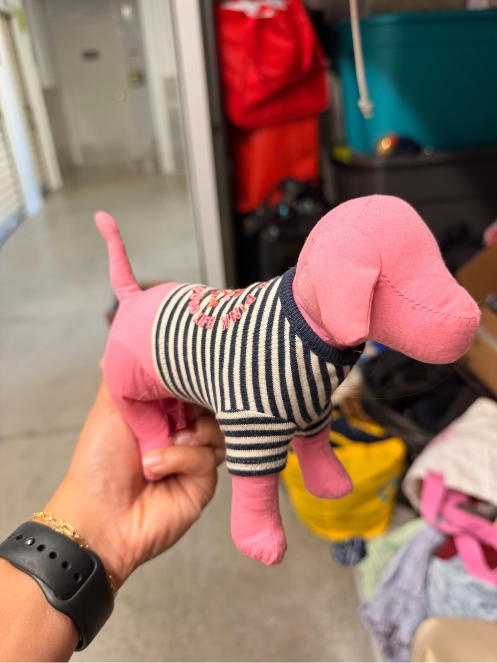PINK Victoria's Secret Pink Plush Dachshund Toy with Navy & White Striped Shirt